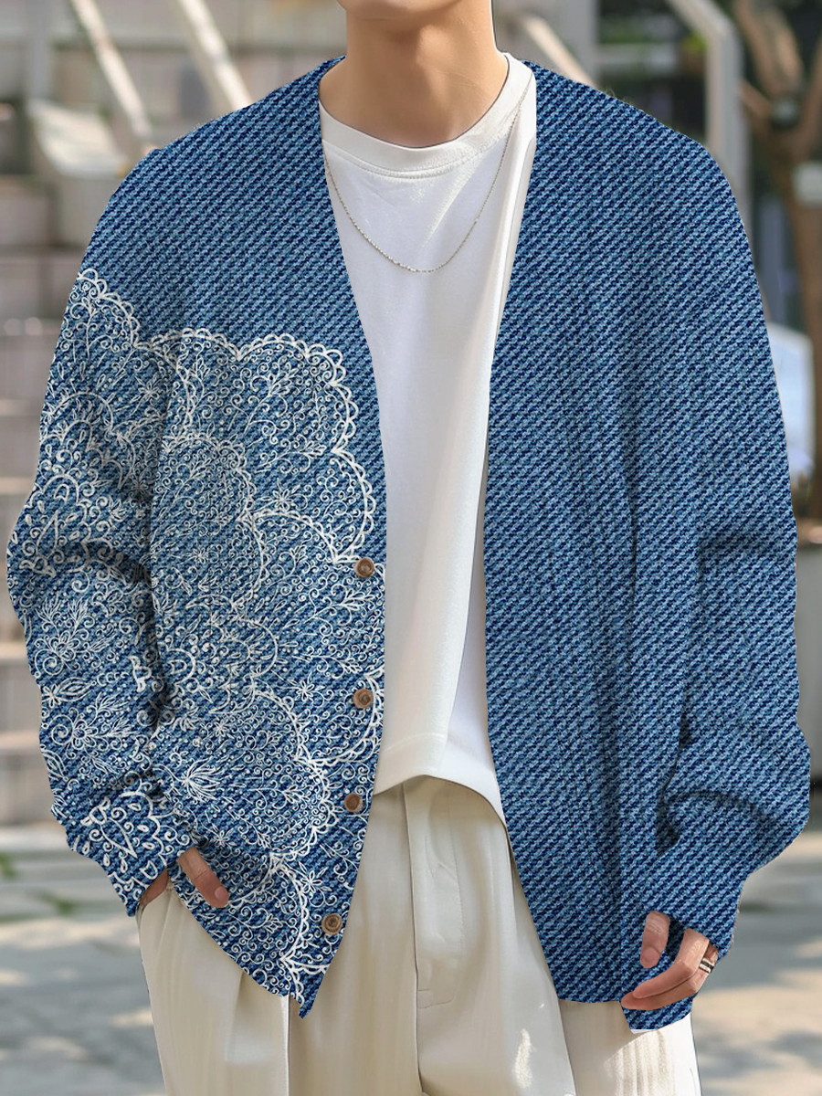 Men's Sweater Stylish Floral Printed Buttoned Cardigan Sweater