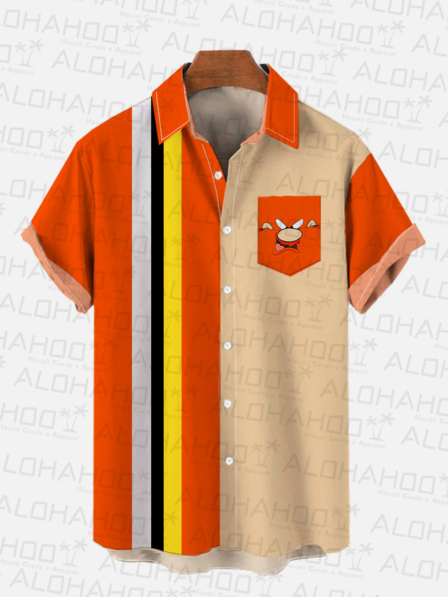 Retro Orange And Multicolor Stripes And Cartoon Cowboy Breast Pocket Print Short Sleeve Shirt