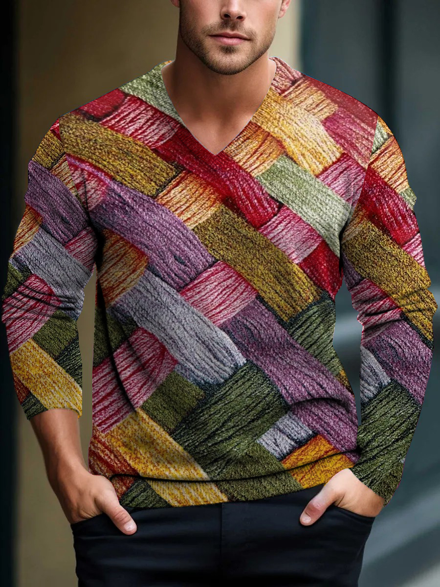 Vintage Colorful Plaid Pattern V-Neck Knit Long Sleeve Sweater
