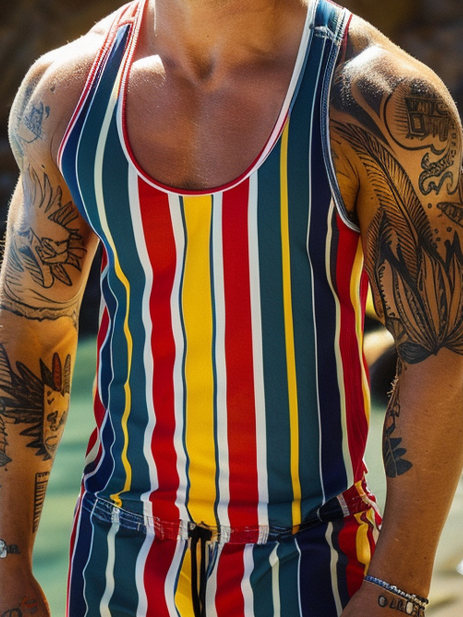 Men's Vacation Stripes Crew Neck Tank Top&Shorts Sets