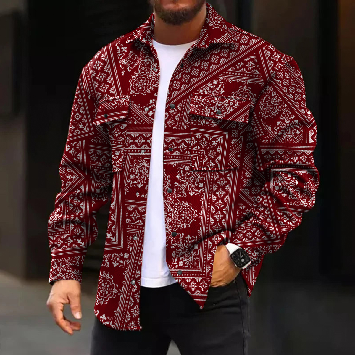 Men's Casual Jacket Retro Paisley Patchwork Pattern Long Sleeve Pockets Shirt Jacket