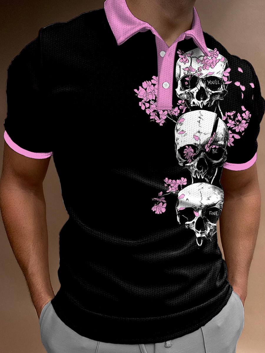 Casual Pink Floral Skull Print Short Sleeve Polo Shirt