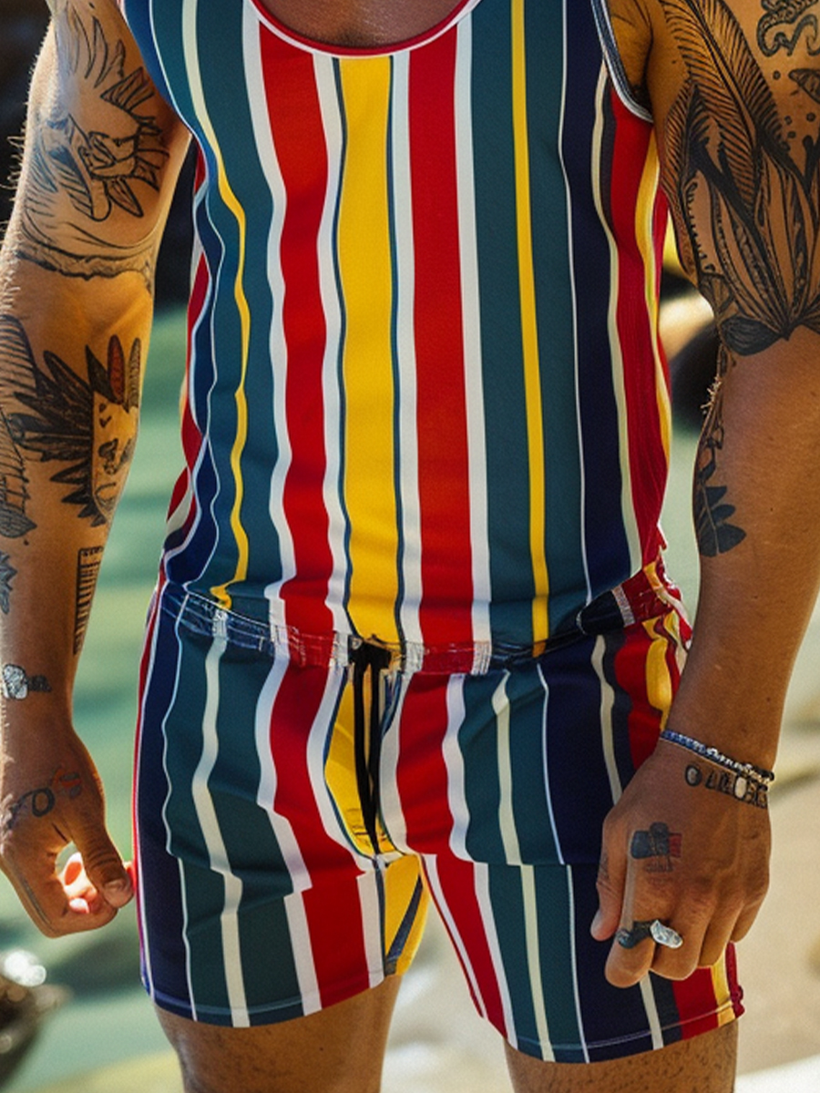 Men's Vacation Stripes Crew Neck Tank Top&Shorts Sets