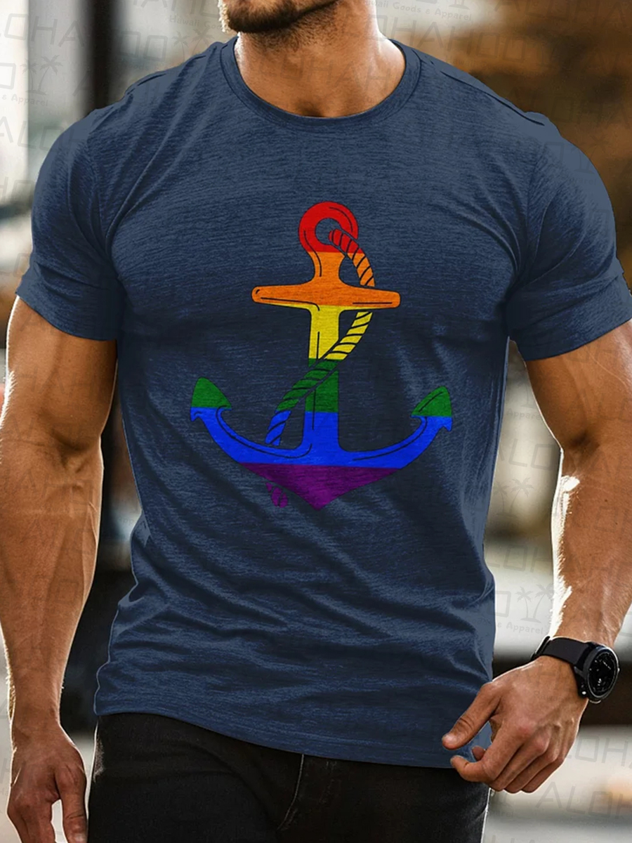 Men's Rainbow Anchor Print Casual T-Shirt