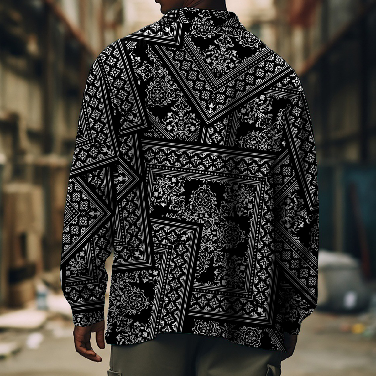 Men's Casual Jacket Retro Paisley Patchwork Pattern Long Sleeve Pockets Shirt Jacket