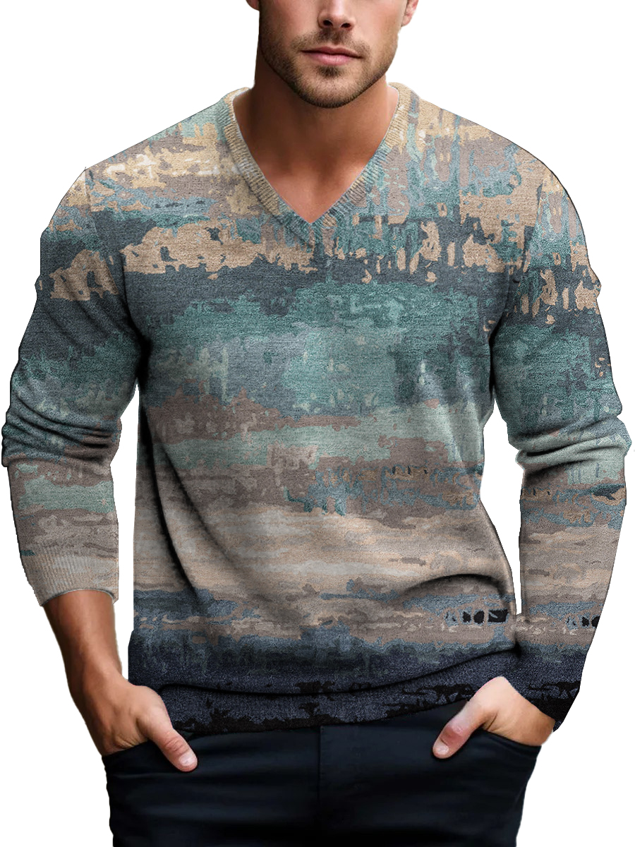 Abstract Colorful Art Pattern V-Neck Knit Long Sleeve Sweater