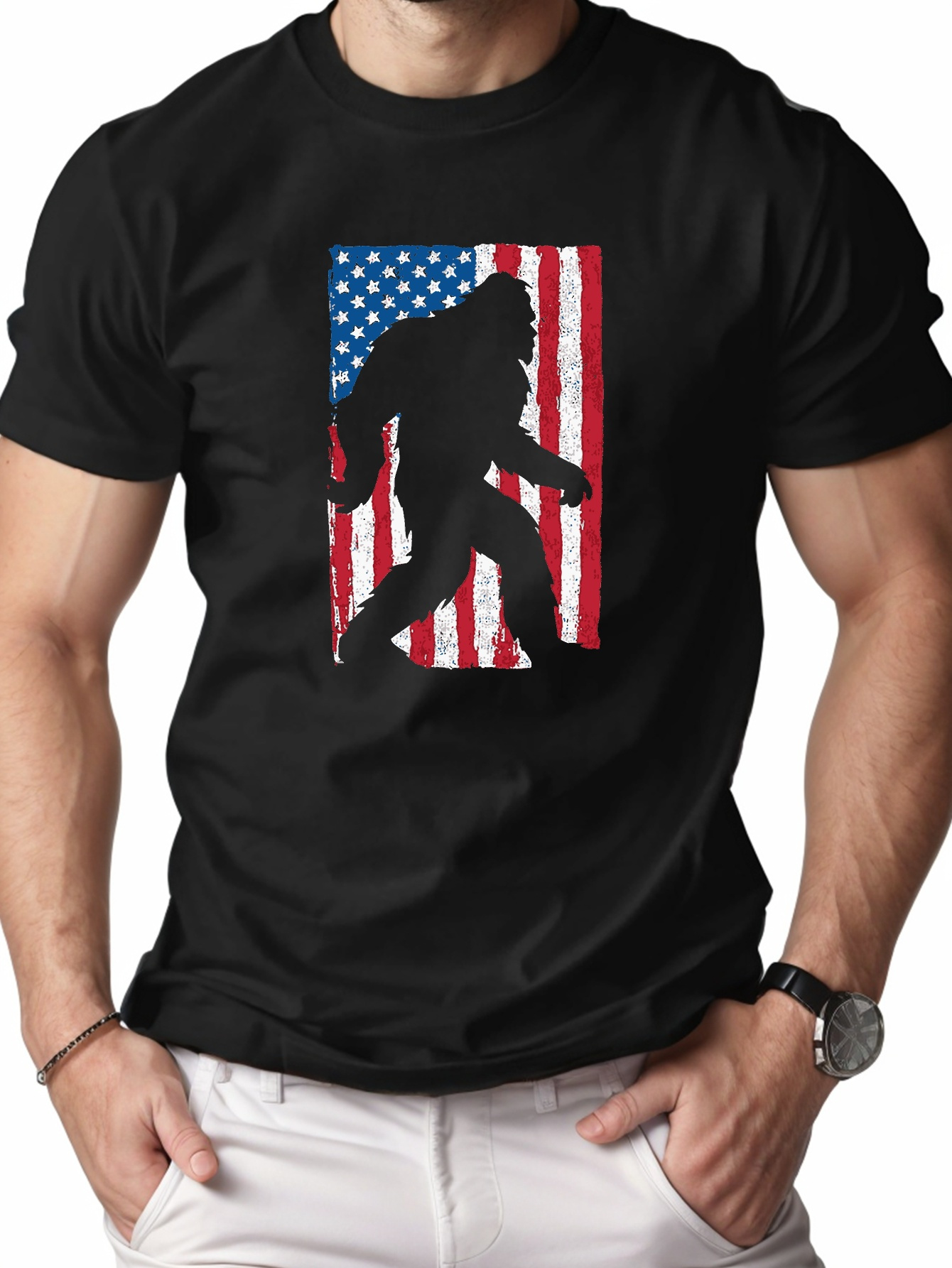 Men's Casual T-shirt American Flag Bigfoot Print Short Sleeve T-Shirt