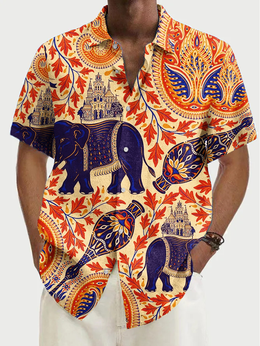 Men's Hawaiian Tropical Elephant Pattern Aloha Shirts