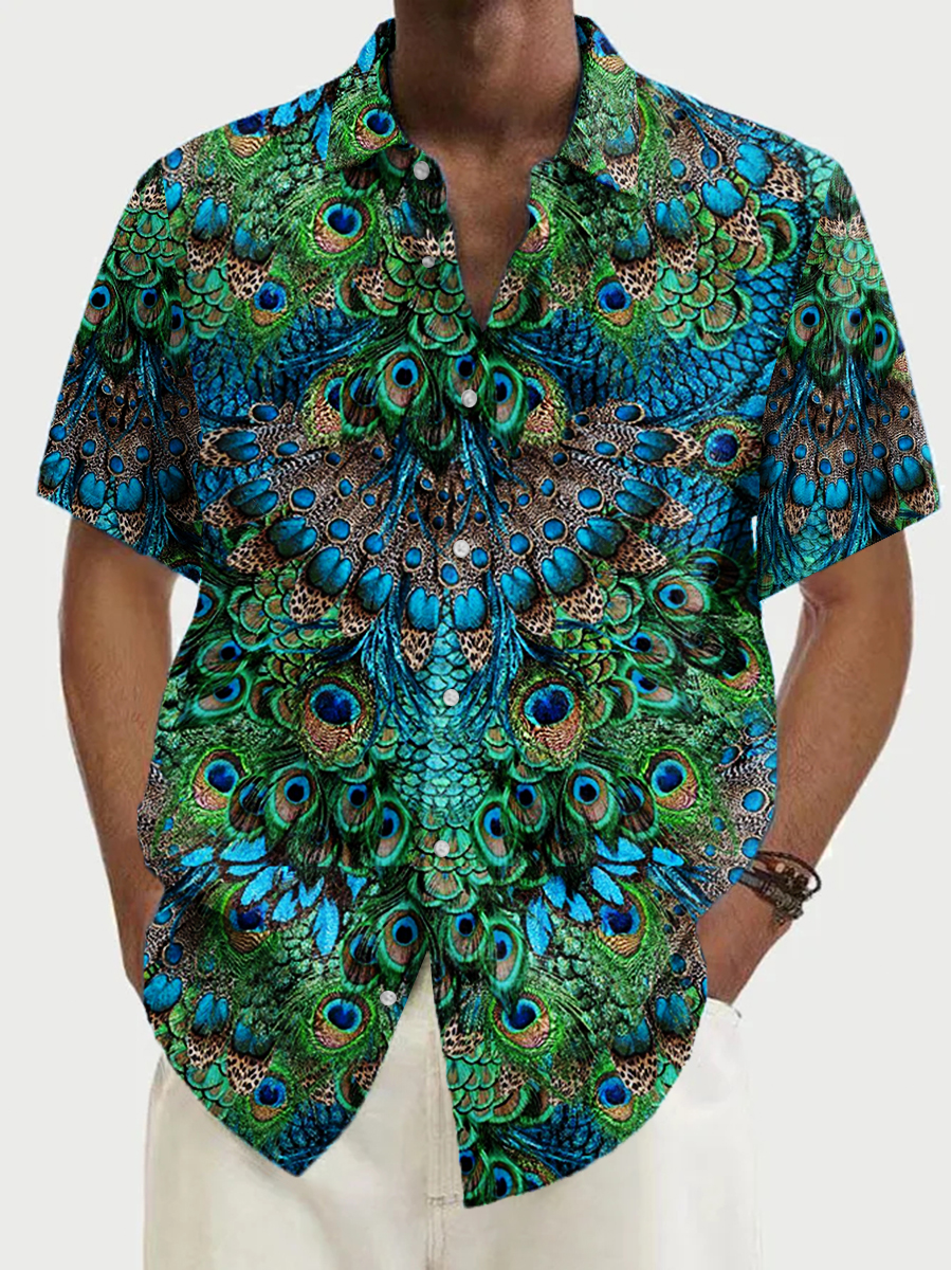 Men's Hawaiian Peacock Feather Pattern Aloha Shirts