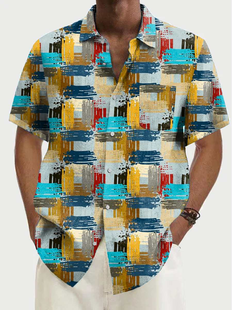 Men's Hawaiian Shirts Art Colorblock Printed Short-Sleeved Shirt