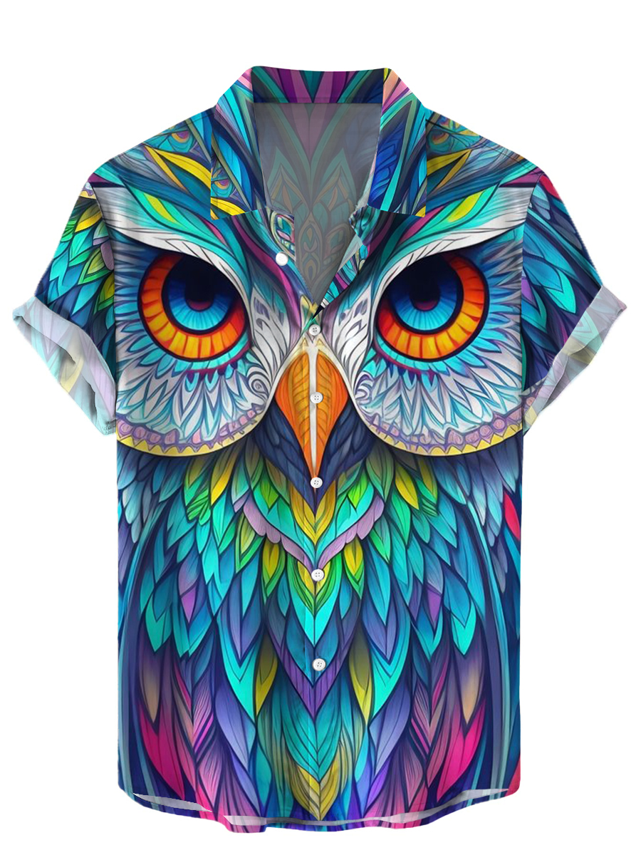 Hawaiian Shirts Rainbow Owl Print Easy Care Aloha Shirts