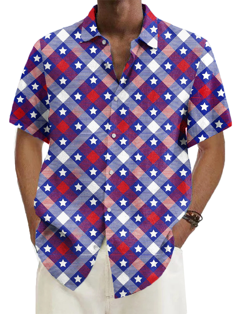 Men's Hawaiian Shirts Independence Day Plaid Pattern Aloha Shirts
