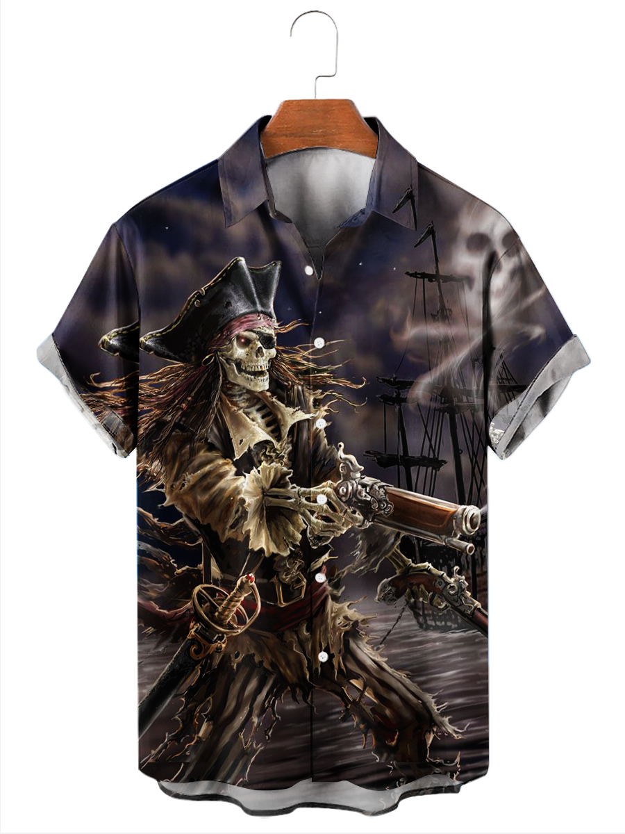 Men's Hawaiian Shirt Art Skeleton Pirate Button Down Shirt