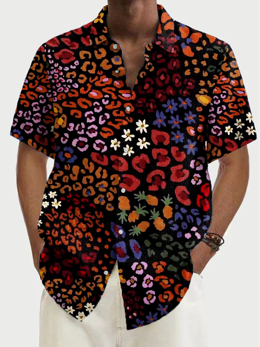 Men's Shirt Art Floral Leopard Pattern Print Vacation Oversized Short Sleeve Shirt