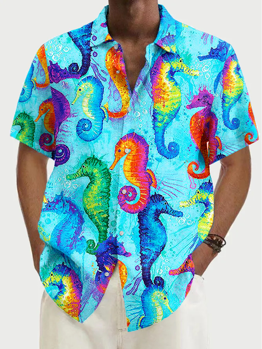 Men's Hawaiian Shirt Colorful Seahorse Art Plus Size Shirts