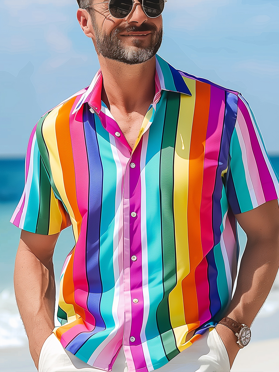 Men's Hawaiian Shirts Colorful Stripes Pattern Aloha Shirts