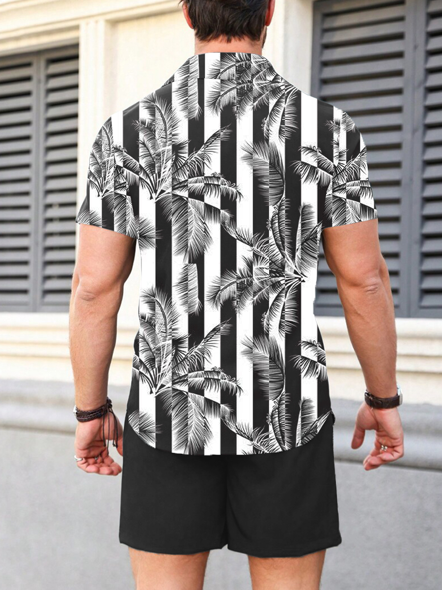 Men's Sets Plant Stripes Pattern Button Down Two-Piece Shirt Shorts Set