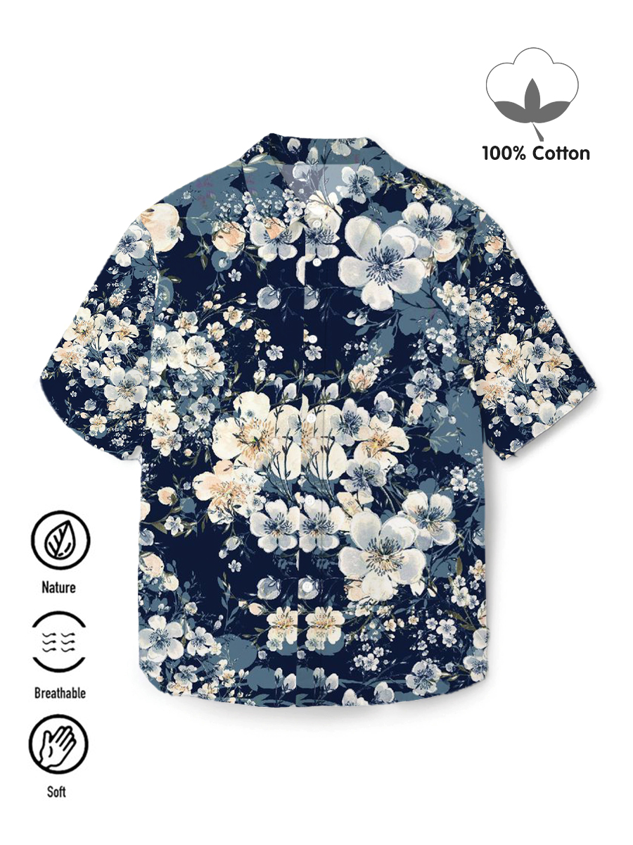 Men's 100%Cotton Shirt Vintage Floral Short Sleeve Shirt