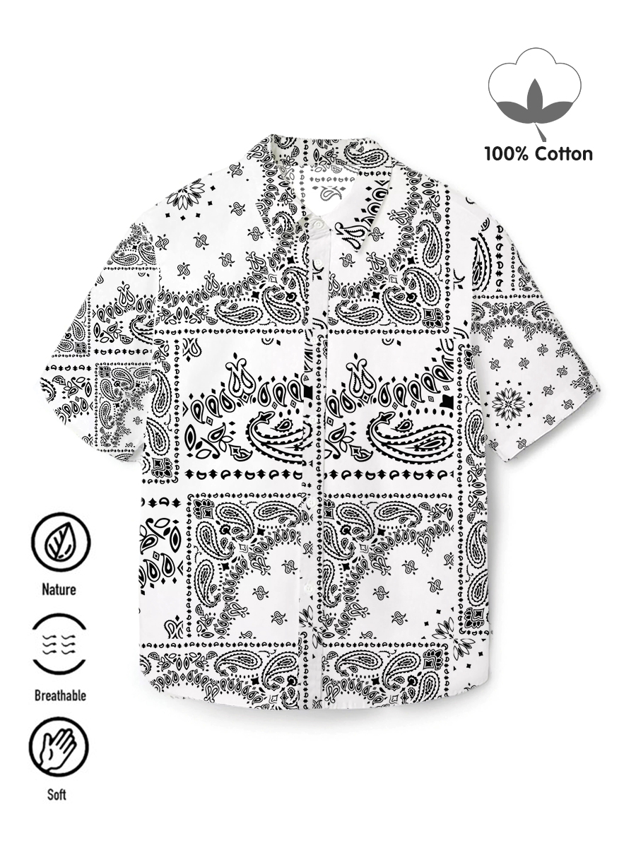 Men's 100%Cotton Shirt Paisley Patchwork Short Sleeve Shirt