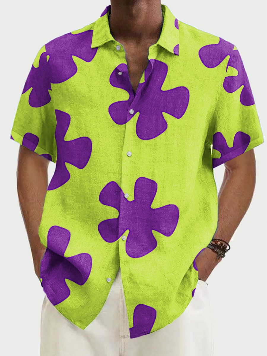 Cartoon Art Print Short Sleeve Button Down Shirt