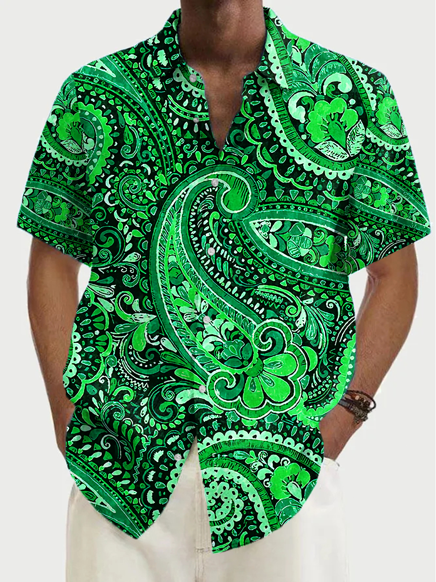 Green Paisley Pattern Print Short Sleeve Hawaiian Shirt
