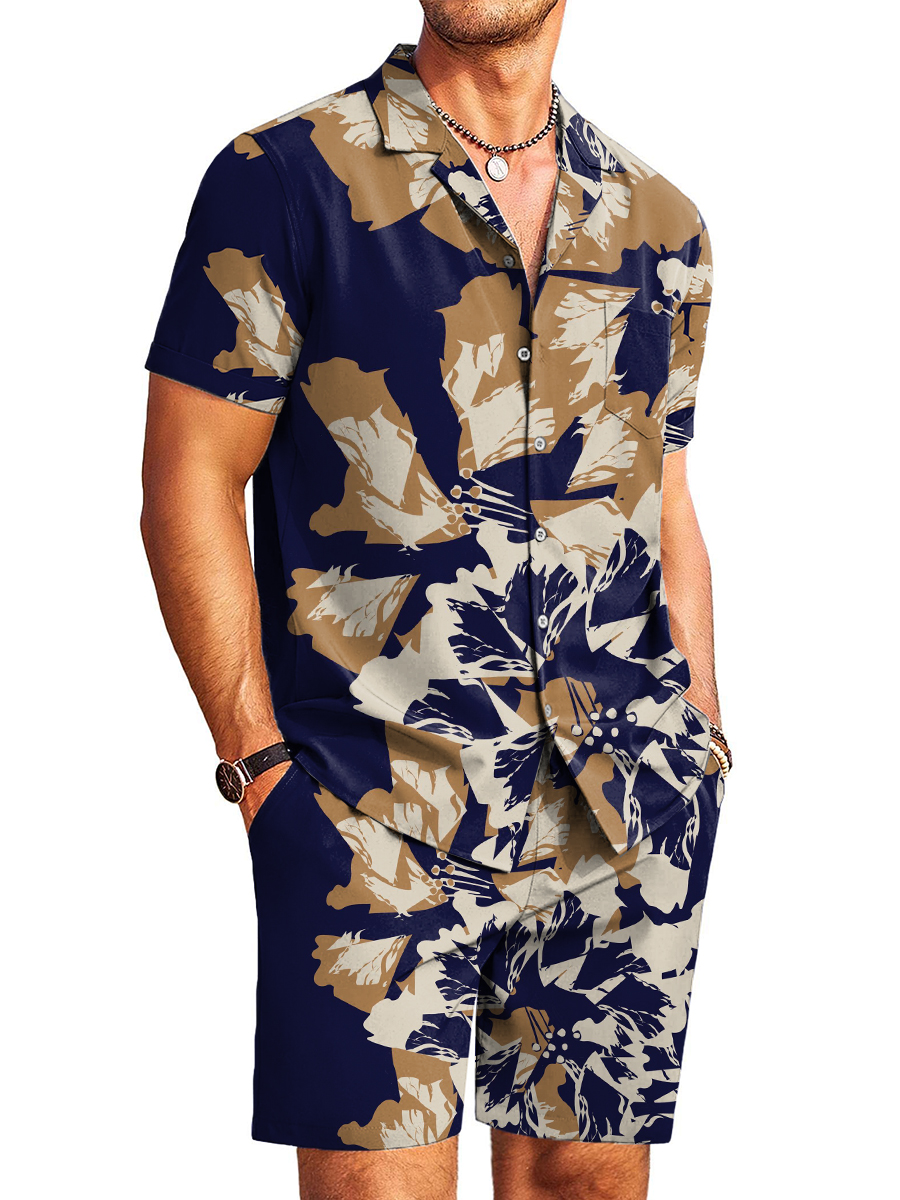 Men's Sets Hawaiian Stylish Plant Print Button Pocket Two-Piece Shirt Shorts Set