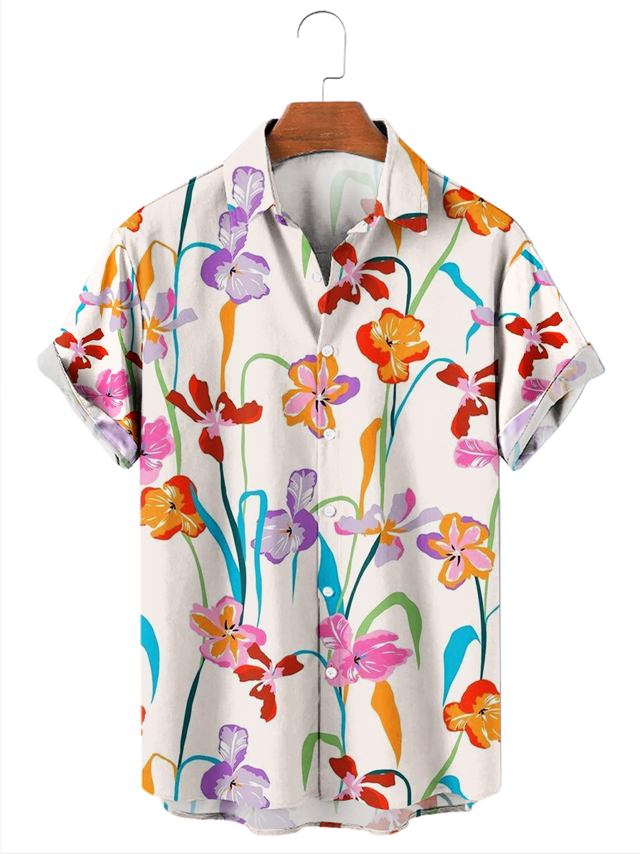 Men's Hawaiian Shirt Handdraw Flowers Print Short Sleeve Shirt