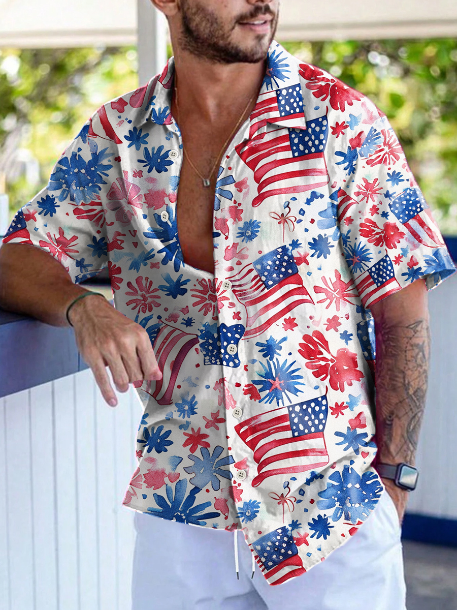 Men's Hawaiian Shirts Independence Day National Flag Pattern Aloha Shirts