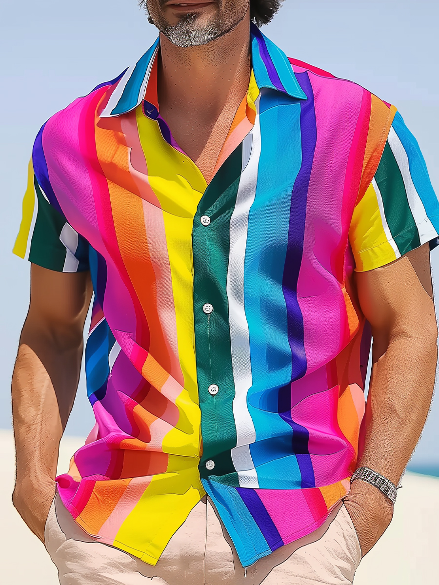 Men's Hawaiian Shirts Colorful Stripes Pattern Aloha Shirts
