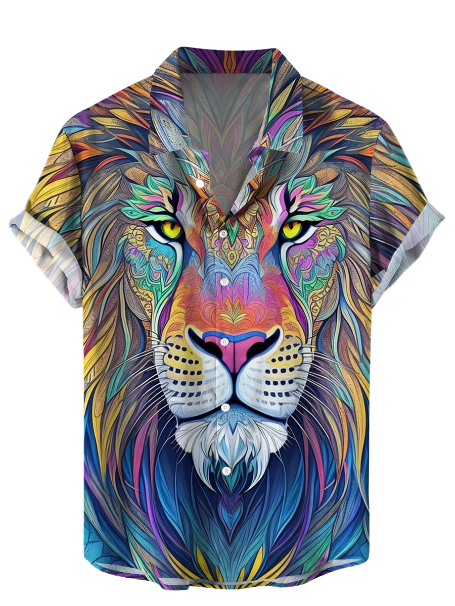 Hawaiian Shirts Rainbow Lion Print Easy Care Aloha Shirts