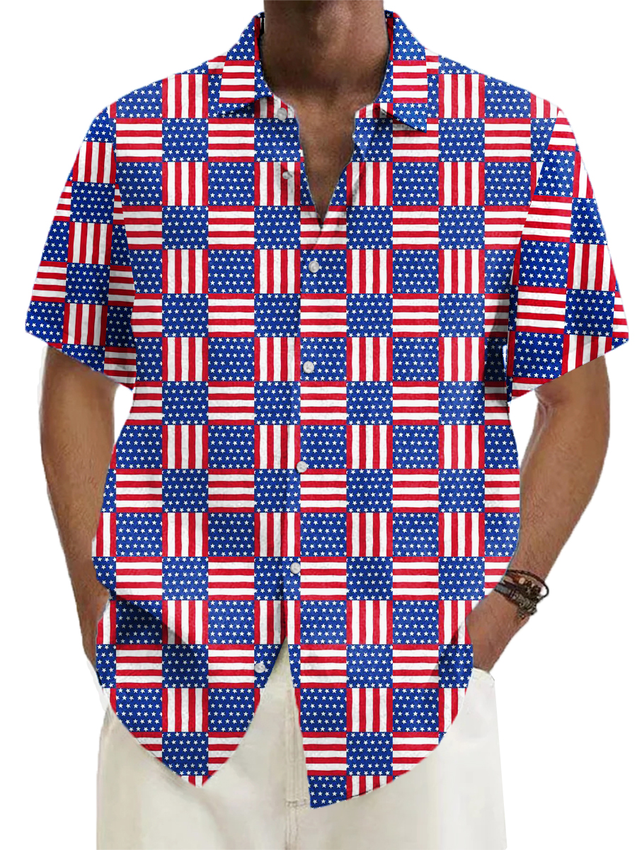 Men's Hawaiian Shirts Independence Day Colorblock Pattern Aloha Shirts