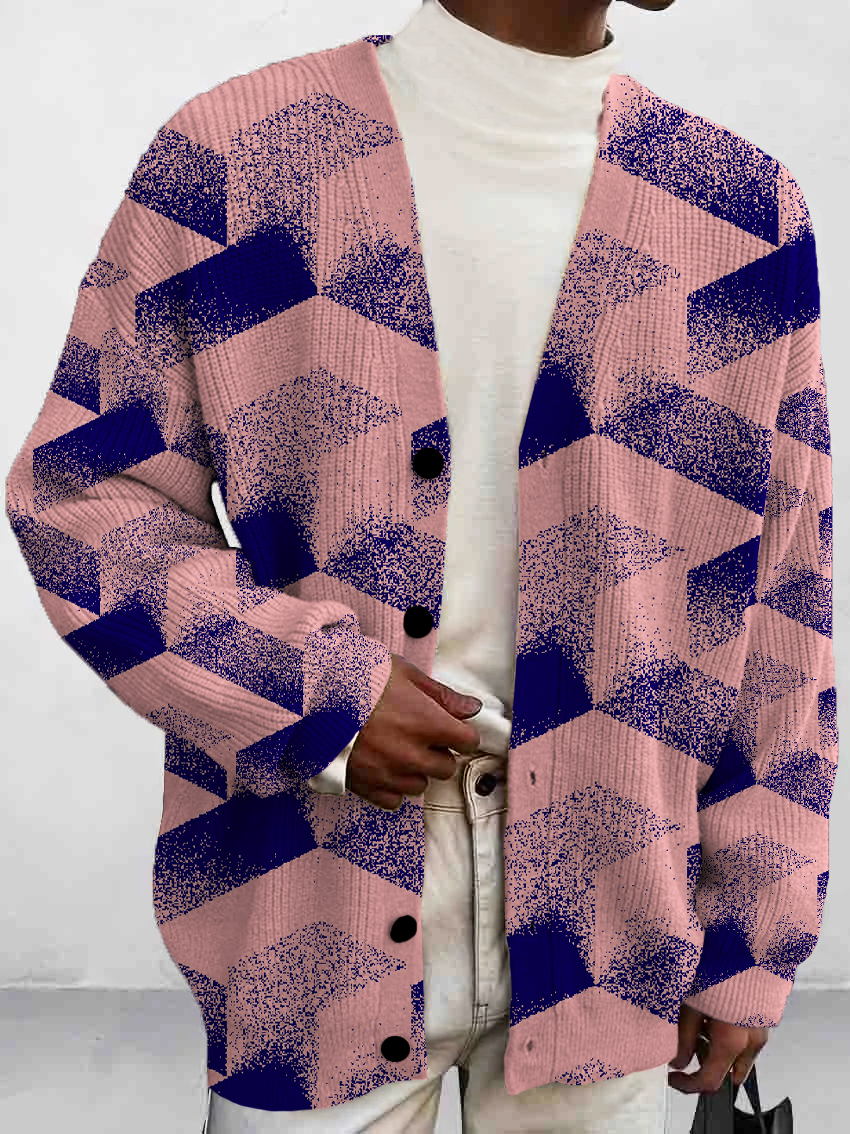 Men's Stylish Geometry Pattern Print Buttoned Cardigan Sweater