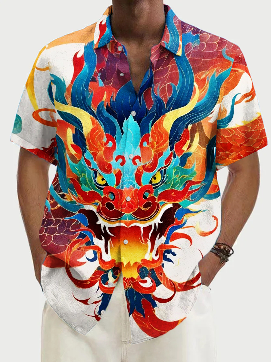 Retro Dragon Art Print Short Sleeve Hawaiian Shirt
