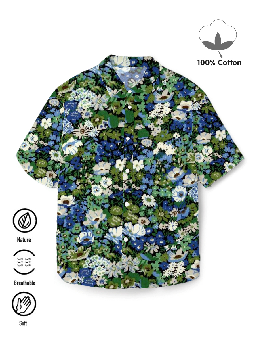 Men's 100%Cotton Shirt Floral Short Sleeve Shirt