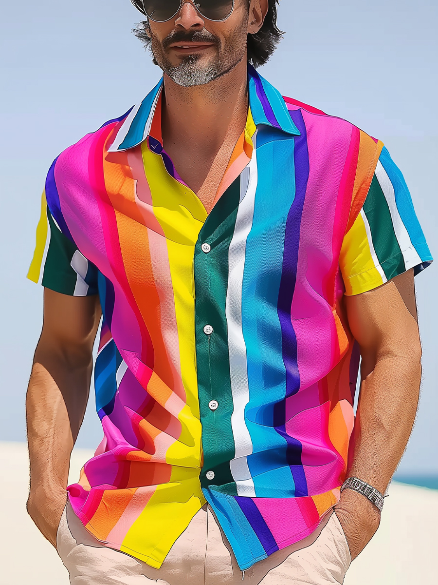 Men's Hawaiian Shirts Colorful Stripes Pattern Aloha Shirts