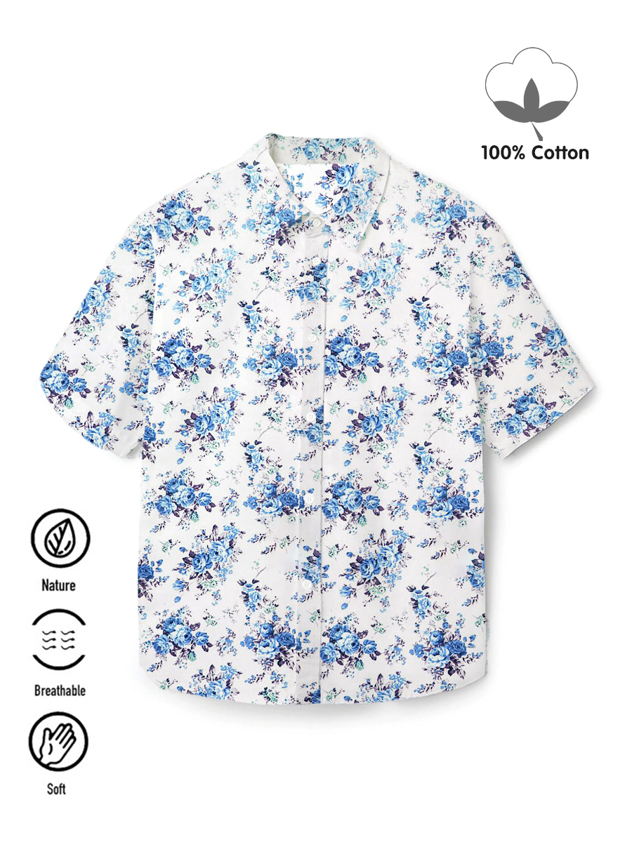 Men's 100%Cotton Shirt Vintage Floral Short Sleeve Shirt