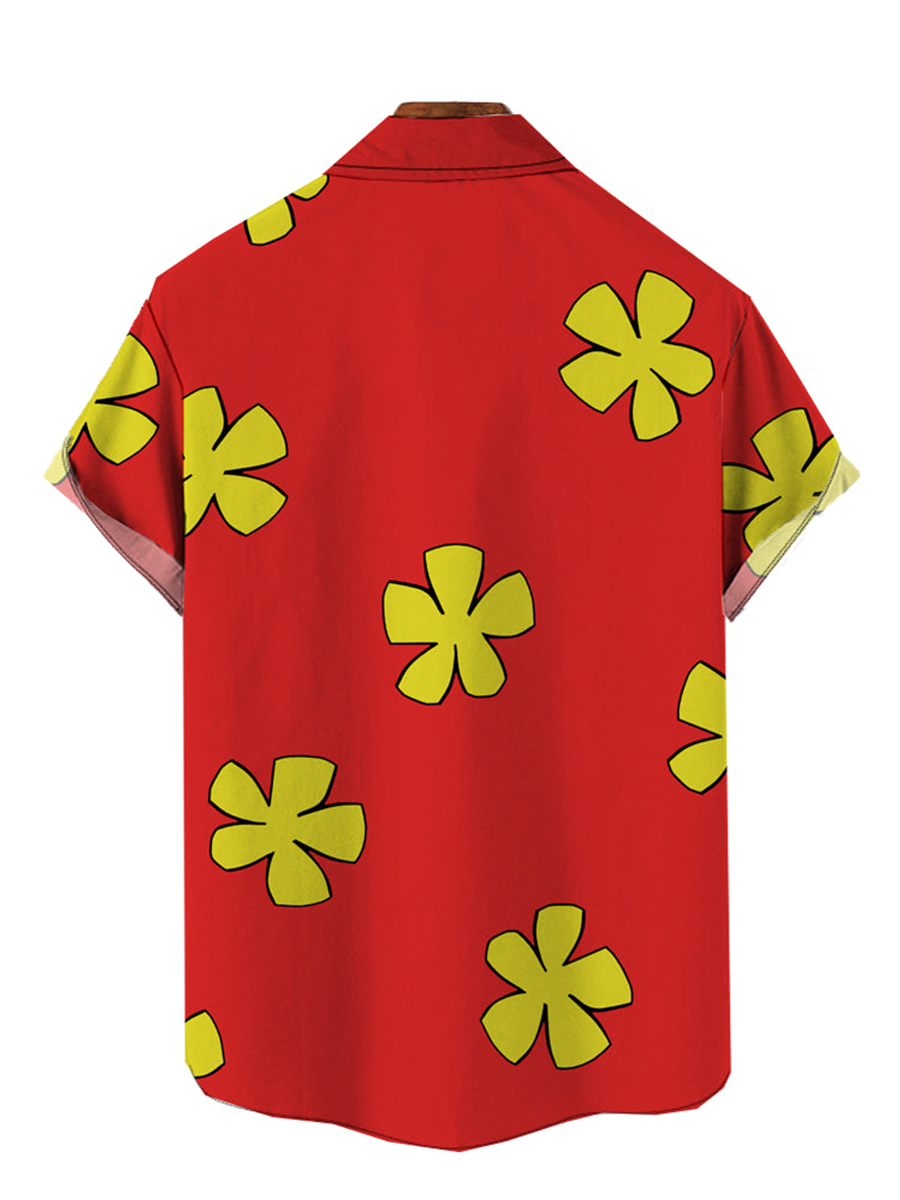 Cartoon Floral Art Print Short Sleeve Button Down Shirt