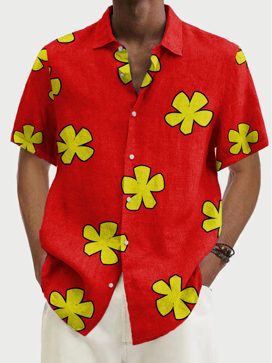 Cartoon Floral Art Print Short Sleeve Button Down Shirt