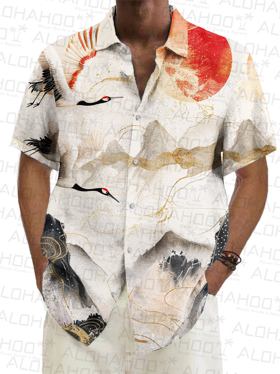 Alohahoo X Artist Japanese Style Sunrise Short-Sleeved Hawaiian Shirt