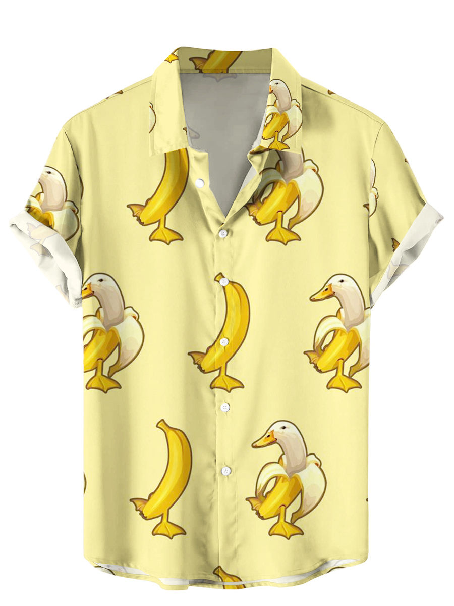 Men's Hawaiian Shirt Banana Duck Print Beach Easy Care Short Sleeve Shirt