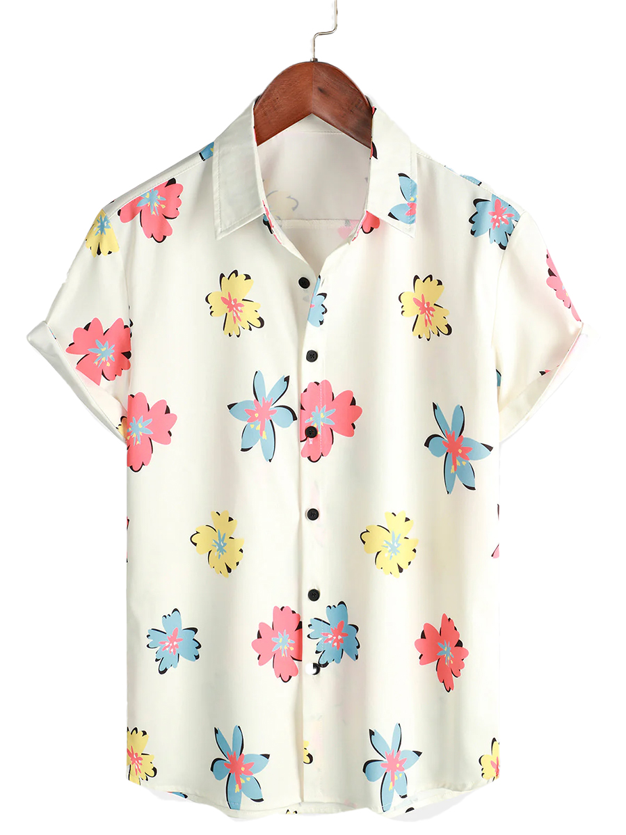 Men's Hawaiian Shirt Flowers Colorblock Button Down Shirt