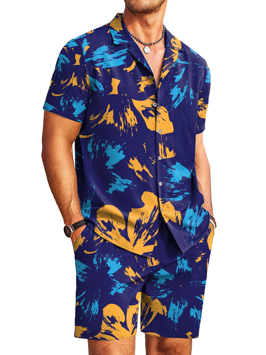 Men's Sets Hawaiian Stylish Hawaii Floral Print Button Pocket Two-Piece Shirt Shorts Set