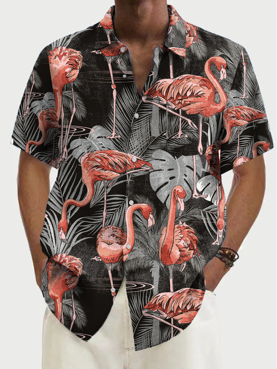Men's Hawaiian Shirts Flamingo Printed Short-Sleeved Shirt