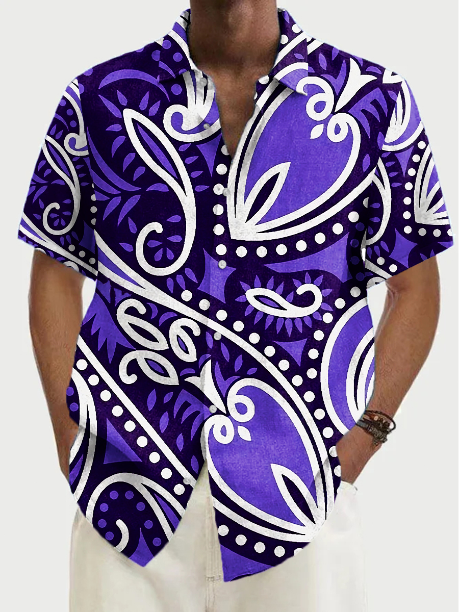 Men's Shirt Purple Paisley Pattern Print Vacation Oversized Short Sleeve Shirt