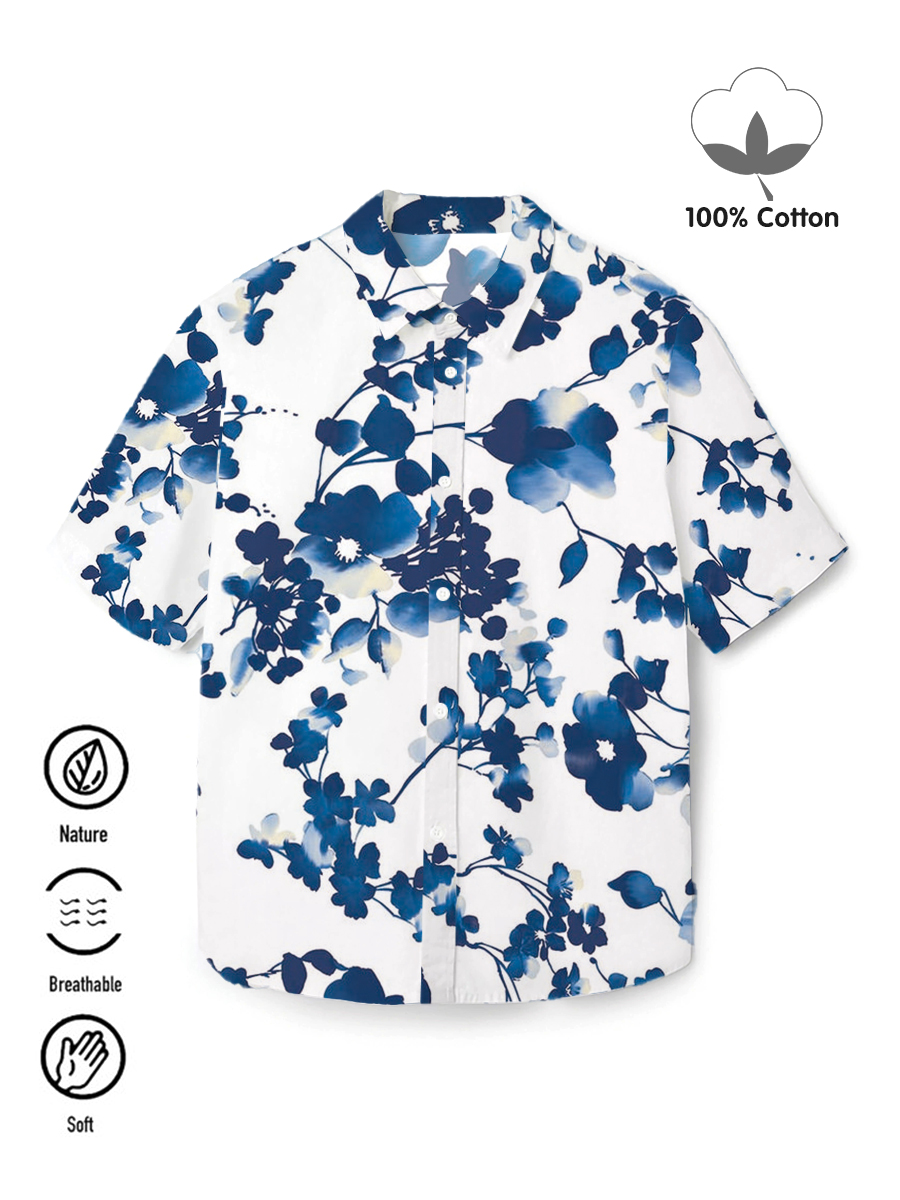 Men's 100%Cotton Shirt Retro Floral Short Sleeve Shirt