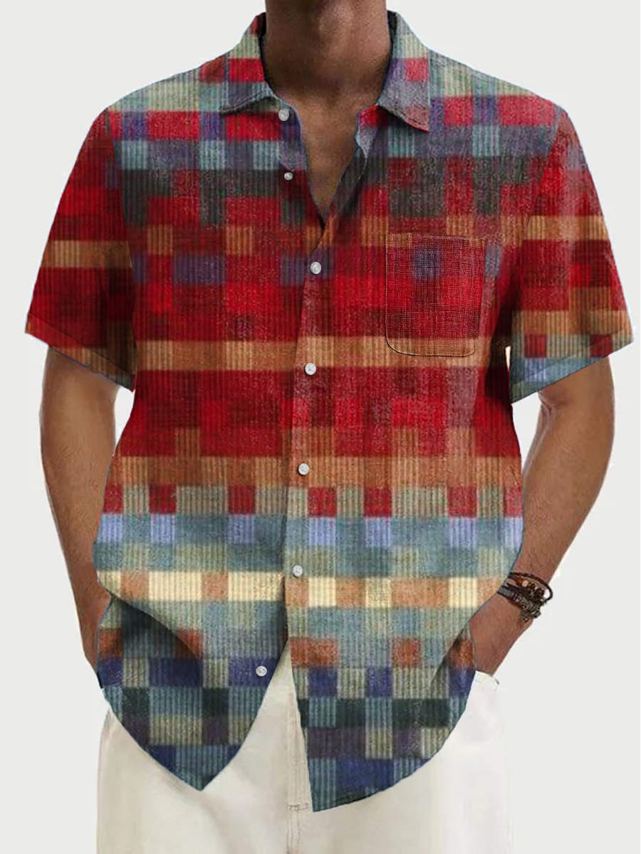 Men's Hawaiian Shirts Art Plaid Printed Short-Sleeved Shirt