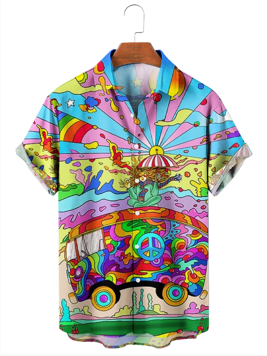 Multicolor Art Print Short Sleeve Button Down Shirt