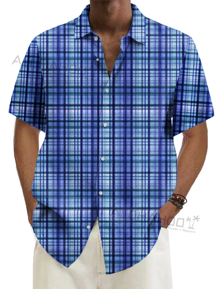 Men's Hawaiian Blue Plaid Shirts Aloha Shirts