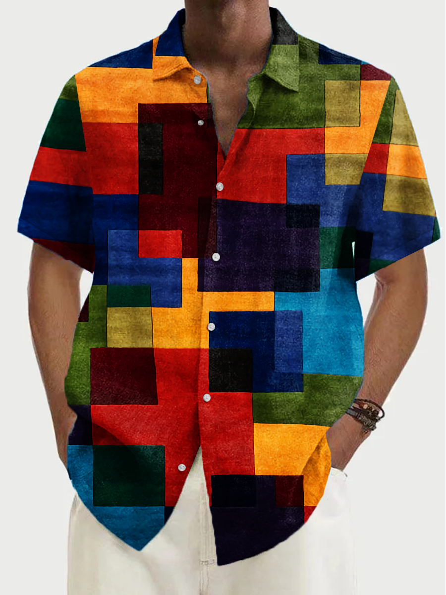 Colorblock Art Print Short Sleeve Hawaiian Shirt