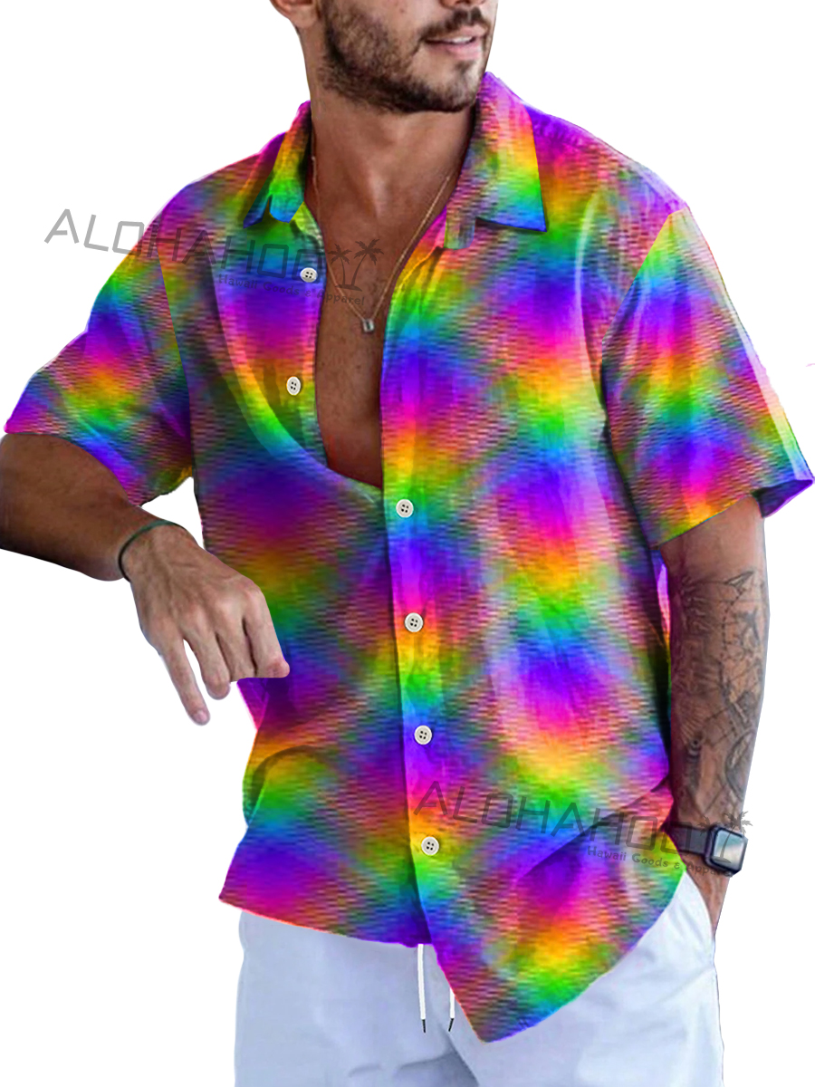 Men's Hawaiian Shirts Rainbow Geometry Loose Short-Sleeved Shirt
